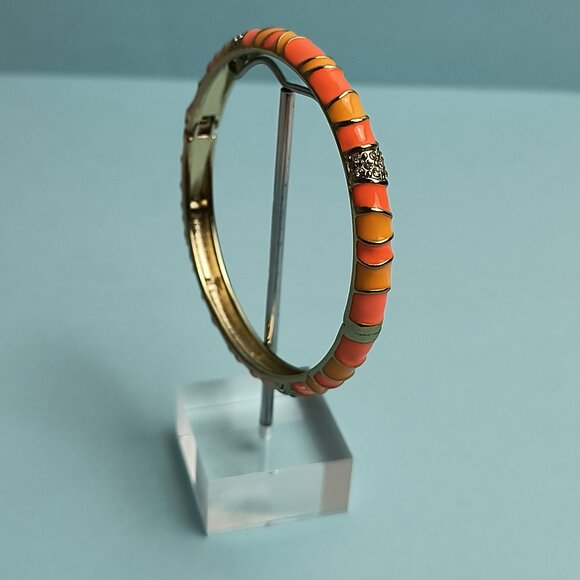 NORDSTROM Sequin Enamel Hinge Bangle Bracelet Clamper Coral Reff Orange Gold - Picture 2 of 5